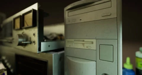 Vintage electronics on a cluttered workspace with dust and wear Stock Footage 306308463