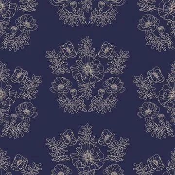 Vintage elegant seamless pattern of gold graceful poppy flowers in art nouveau Stock Illustration