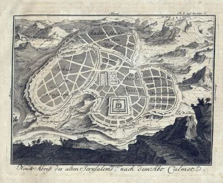 Vintage engraved map of Old Jerusalem showing Temple Mount, city walls, top.. Stock Photos