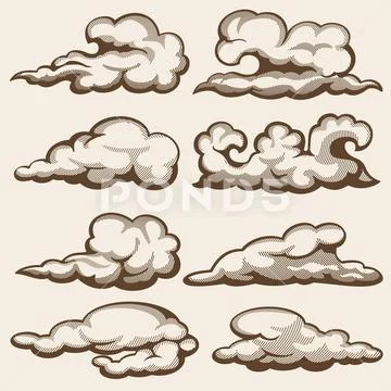 Vintage engraving clouds. Hand drawn vector set Stock Illustration
