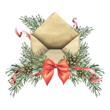Vintage envelope sheet with pine branches, pine cones, red bow and ribbons. Hand Stock Illustration