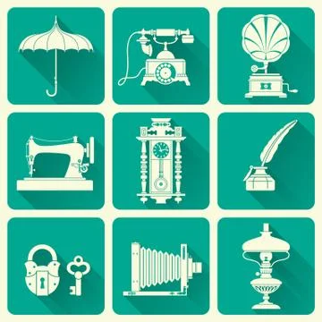 Vintage ephemera and objects of old era icons 库存插图