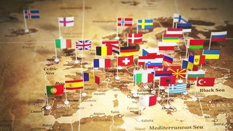 Vintage Europe map with countries flags. 3d video animation Stock Footage 315358460