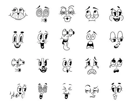 Vintage expression faces, retro characters. Happy 50s mascot eyes and mouth, Stock Illustration