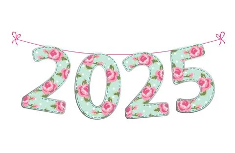 Vintage fabric numbers 2025 as patch applique bunting in shabby chic style Stock Illustration