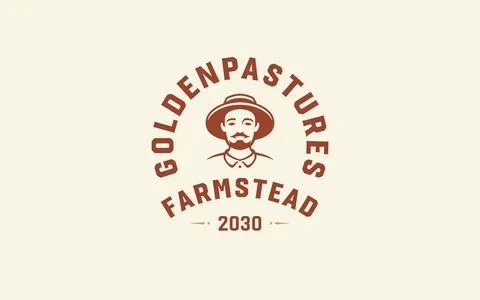 Vintage Farmer Character Logo Vector Retro Agriculture Ranch Mascot Emblem .. Stock-Illustration