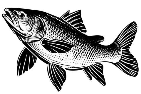 Vintage Fish Engraved Vector Logotype Sketch. Woodcut retro Tuna or Mackerel Ink Stock Illustration
