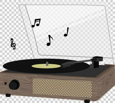 Vintage flat design turntable is playing vinyl with tonearm, knob and music Stock Illustration