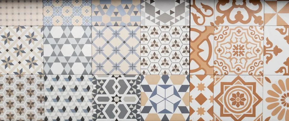 Vintage floral background in patchwork ceramic geometric wallpaper pattern Stock Photos