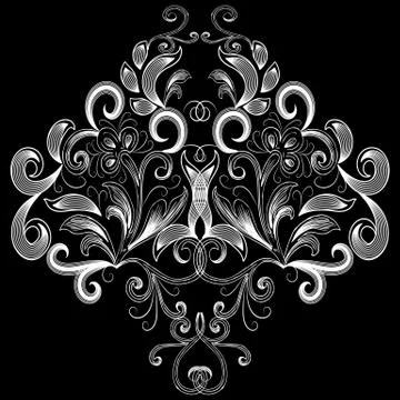 Vintage floral hand drawn pattern. Black vector background with white decorat Stock Illustration