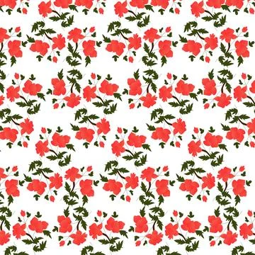 Vintage Floral Repeat Pattern Red Roses With Green Foliage 스톡 일러스트