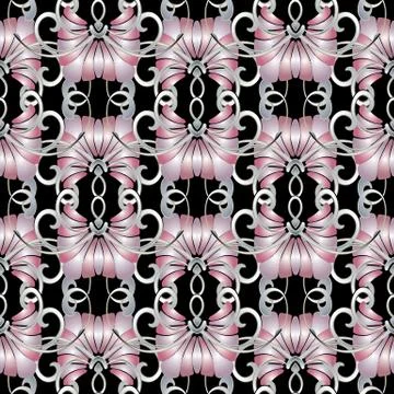 Vintage floral seamless pattern. Black vector background. Hand drawn pink 3d  Stock Illustration