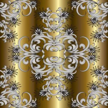 Vintage floral seamless pattern. Modern golden drapery 3d background. Black w Stock Illustration