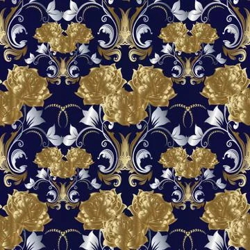 Vintage floral seamless pattern. Vector golden roses, dots, swirls background 스톡 일러스트