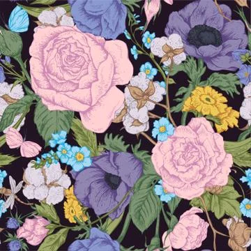 Vintage floral vector seamless pattern with roses Illustrazione stock