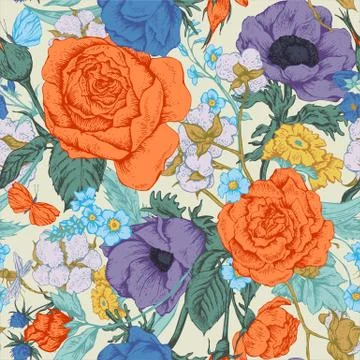 Vintage floral vector seamless pattern with roses Stock Illustration