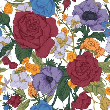 Vintage floral vector seamless pattern with roses Stock Illustration
