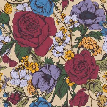 Vintage floral vector seamless pattern with roses Stock Illustration
