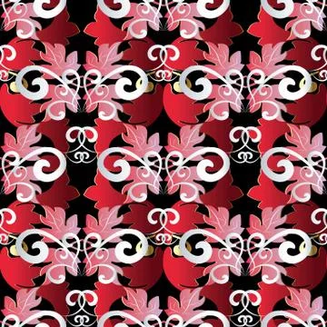 Vintage floral vector seamless pattern. Black red white damask background. Sw Stock Illustration