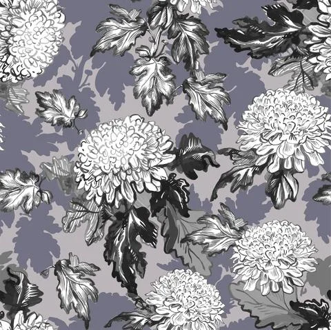 Vintage floral vector seamless pattern with chrysanthemum flowers, leaves. Stock Illustration