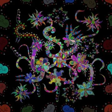 Vintage flower design elements. Blue, black and green curly flowers shapes on bl Stock Illustration