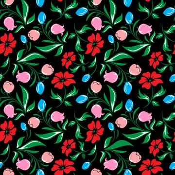 Vintage flower seamless pattern illustration. Retro psychedelic floral back.. Stock Illustration