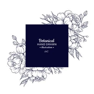 Vintage flower vector square frame drawing. Peony, rose, leaves Stock Illustration