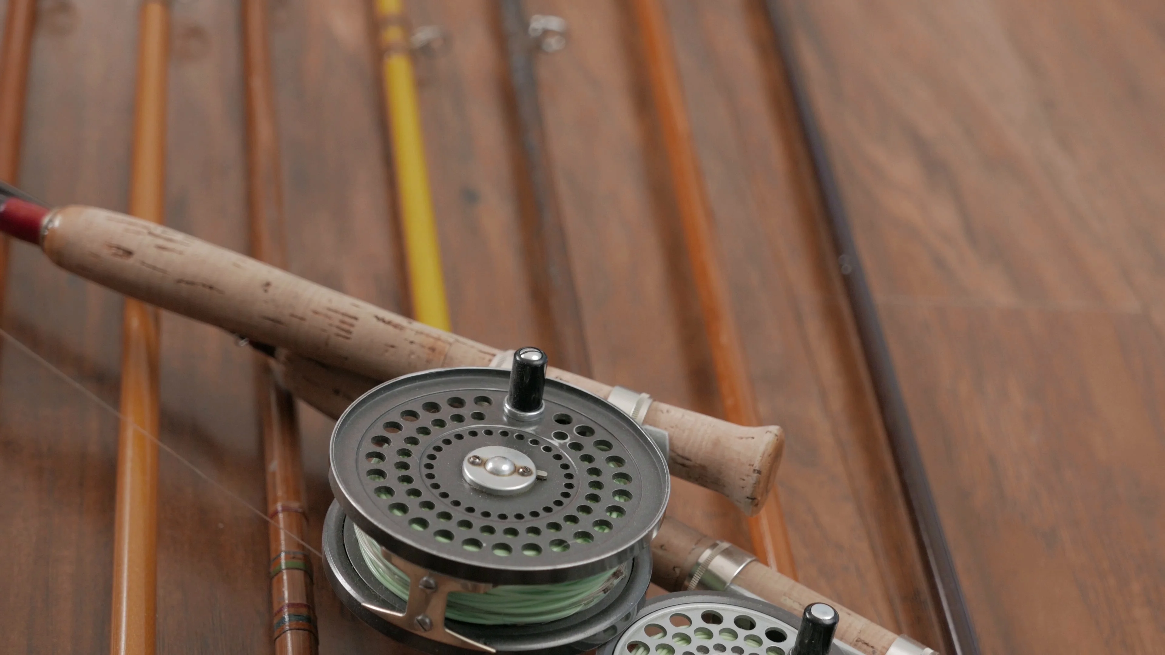 Vintage Fly Rod & Reel antique rods in a, Stock Video