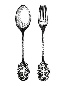Vintage fork and spoon vector. Cutlery hand drawing illustration Stock Illustration