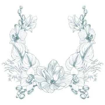 Vintage frame border monogram tropical floral ornament. Engraved retro flower Stock Illustration