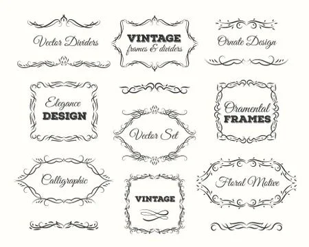 Vintage frame set. Ornate frames and scroll elements. Calligraphic Page Dividers Stock Illustration
