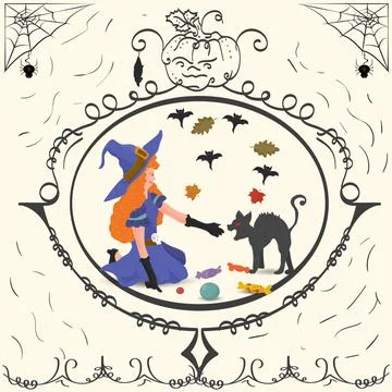 Vintage frame witch and evil cat Halloween holiday design flat illustration Stock Illustration
