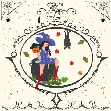 Vintage frame witch sitting on a cauldron Halloween holiday design flat illus Stock Illustration