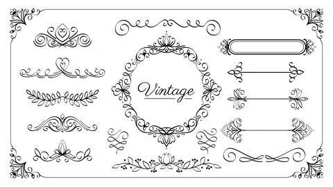 Vintage frames elements set. Decoration for books and presentations. Pack of old 스톡 일러스트