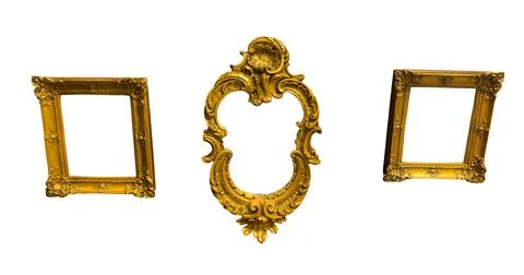 Vintage frames hanging on wall, set. Ornate golden baroque-style frames in 스톡 사진