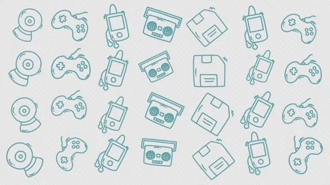 Vintage gaming icons float on a transparent background Stock Footage 336327800