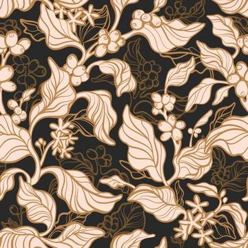 Vintage garden. Vector seamless pattern. Botany branch of coffee, bean, flowe 스톡 일러스트