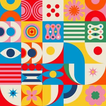 Vintage Geometric Grid Pattern with Eyes and Flowers Vector Stock Illustration