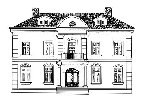 Vintage German Architecture: Engraved Vector Illustration of Historic Mansion Stock Illustration