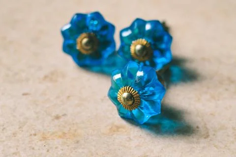 Vintage Glass Drawer Pulls, Knobs for Dresser or Antique Brass Handle Stock Photos