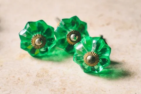 Vintage Glass Drawer Pulls, Knobs for Dresser or Antique Brass Handle Stock Photos