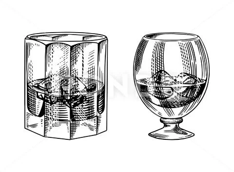 Vintage glass of whiskey. Retro Strong Alcohol drink. Hand drawn engraved sketch Stock Illustration