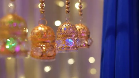Vintage Glowing Bells Decor Ornaments During Indian Mehndi Wedding. Stock Footage 267062453