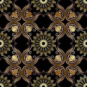 Vintage gold 3d vector seamless pattern. Floral ornamental elegance background Stock Illustration