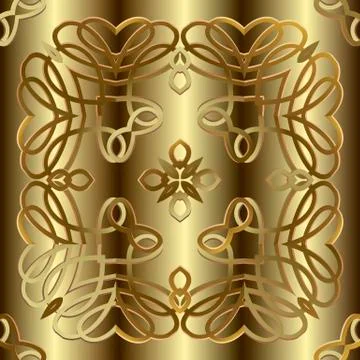 Vintage gold calligraphic lines 3d vector seamless pattern. Gold ornamental Stock Illustration