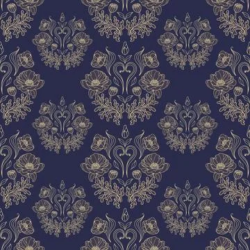 Vintage gothic seamless pattern of gold graceful poppy bud in art nouveau style Stock-Illustration
