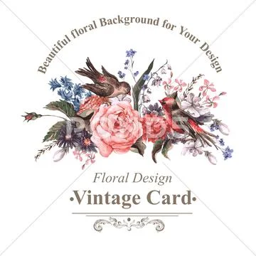 Vintage Greeting Card With Flowers And Birds.