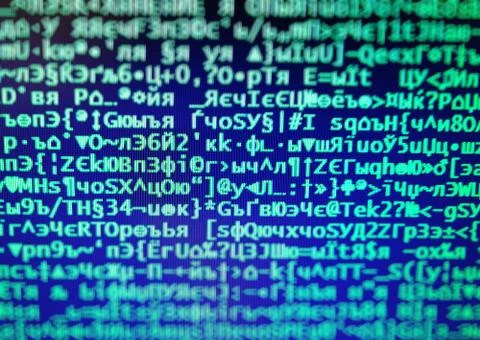 Vintage hacker code on display console bokeh backdrop Stock Illustration