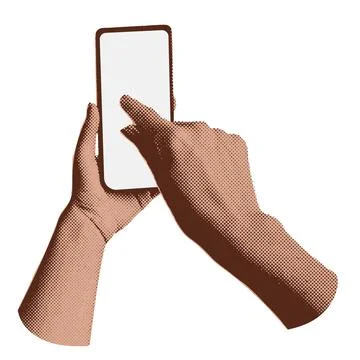 Vintage halftone collage of hands holding phone. Scrolling, social networks イラスト素材