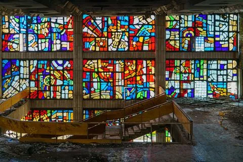 Vintage hall with large colored windows Stock Photos